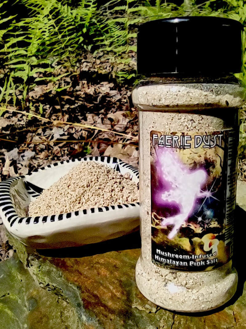FAERIE DUST - Locally grown and foraged mushrooms 
(shiitake, black trumpet, bolete) combined with Himalyan pink salt. 2.5oz (71 gms)