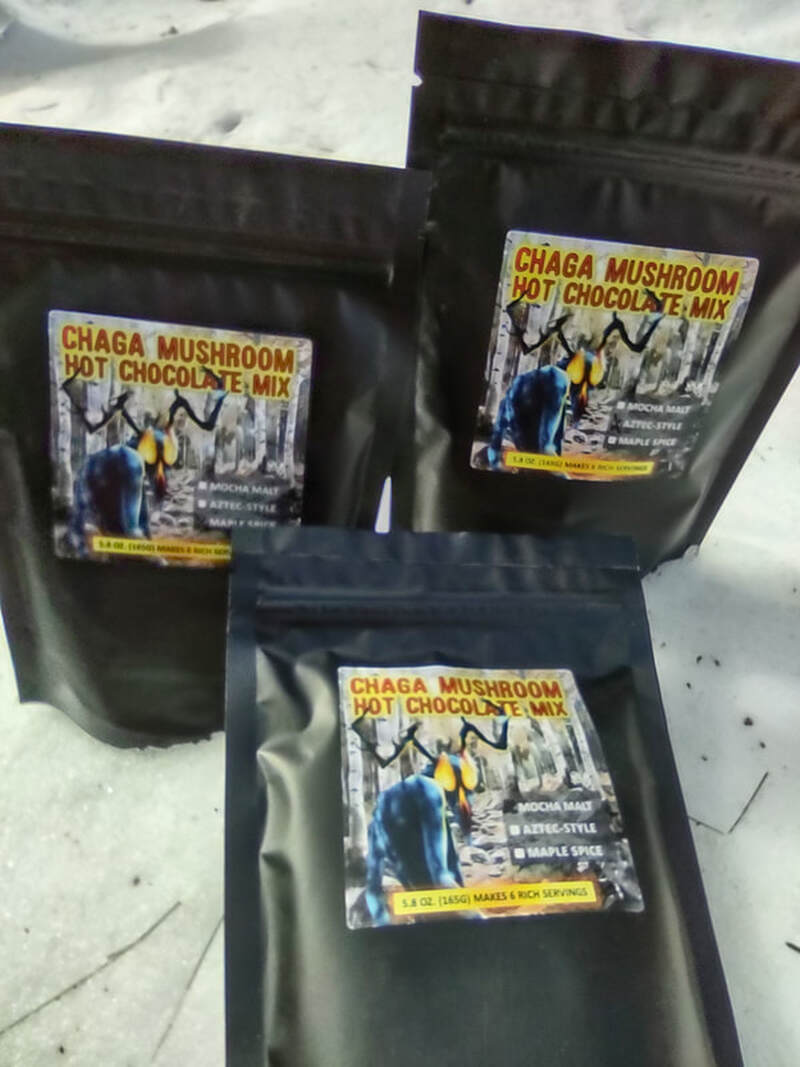CHAGA HOT CHOCOLATE - Sustainably sourced chaga, quality cocoa, spices in two flavors: Maple Spice and Aztec-style. Pouch makes six rich mugfulls. Contains dairy. 