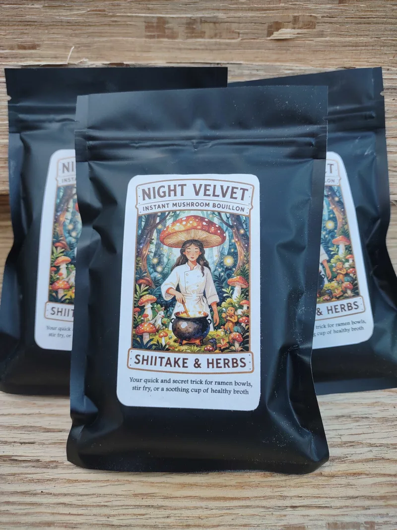 NIGHT VELVET - All natural instant mushroom bouillon powder made with forest grown shiitake, nutritional yeast, and Scheme 13 seasoned salt. Drink by the cup or for ramen bowls without crappy spice packs. 